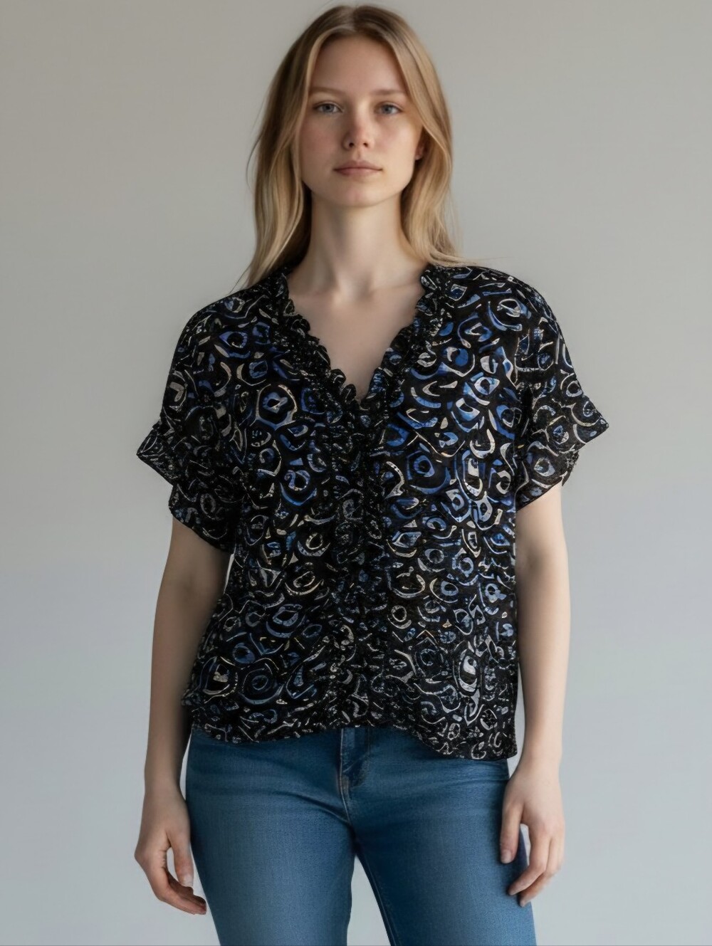 Merona Cap Sleeve Blue/Black/White Design Ruffled V-Neck Nylon Blouse Top Sz XXL